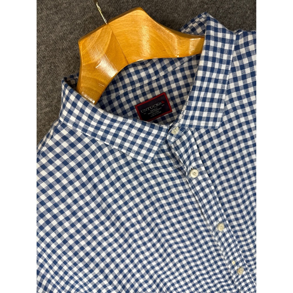 UNTUCKit Robibero Men XXXL Linen Gingham Short Sleeve Button Down Shirt Navy 3XL